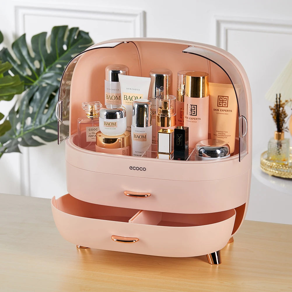 Makeup Storage Drawers,Cosmetic Organisers Acrylic, Skincare Organiser for Dresser & Bathroom, Dust-Proof Waterproof with 2 Drawers (Pink)