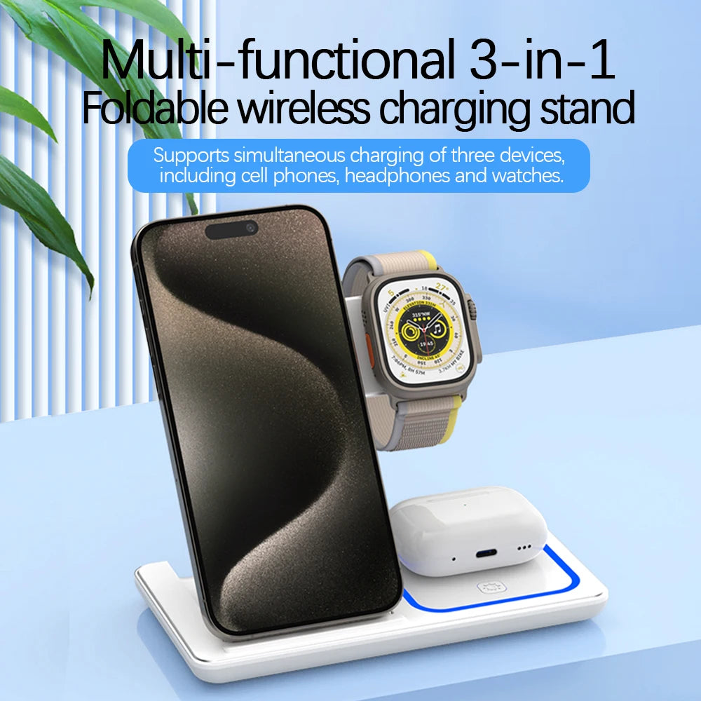 LED Fast Wireless Charger Stand 3 in 1 Foldable Charging Station 30W / For iPhone 15 14 13 12 11 Apple Watch 9 8 7 6 5 Airpods Pro