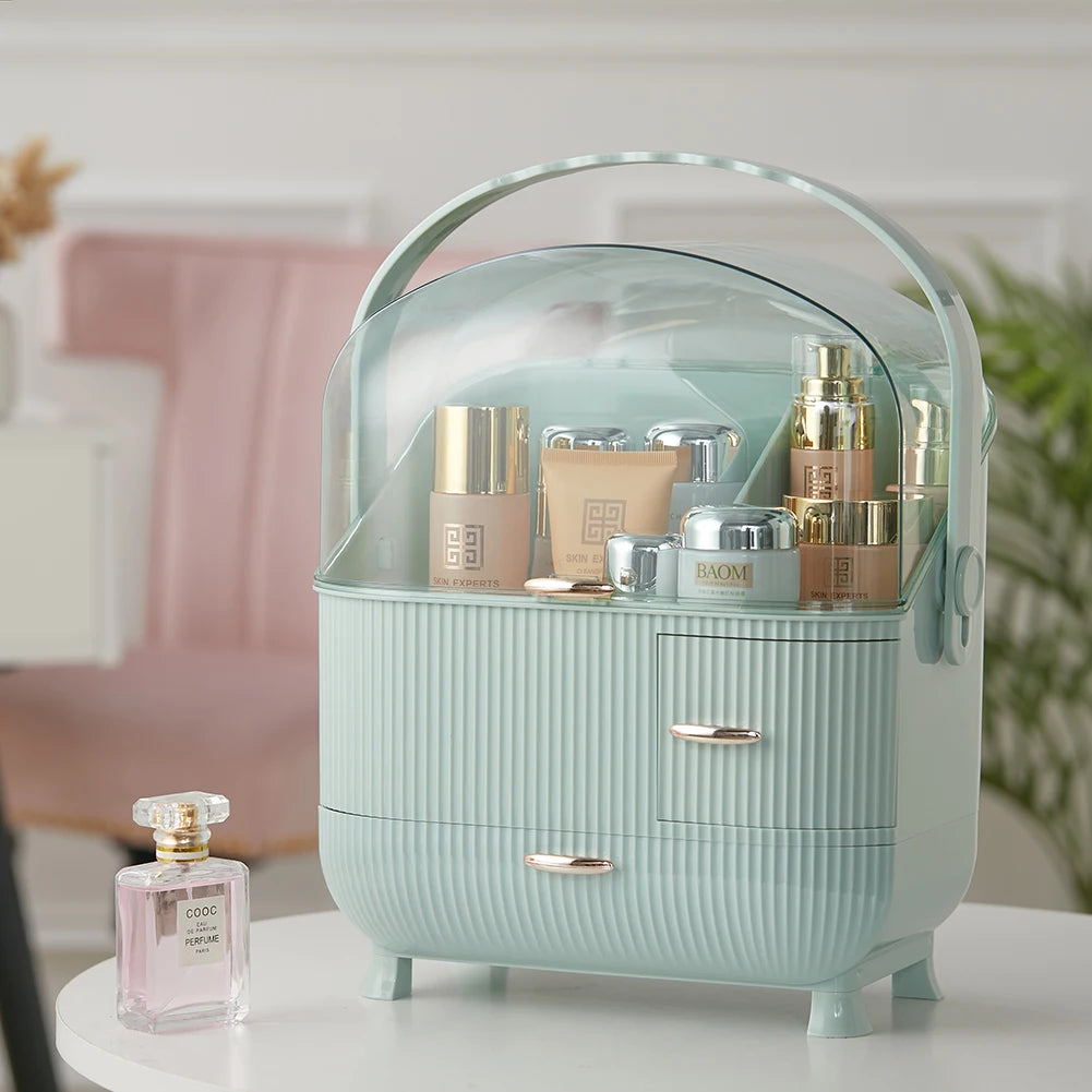 Makeup Storage Organizer,Large Cosmetics Display Case with 2-Layer Storage Box and Transparent Cover, Bedroom Vanity Desk (Mint Green)