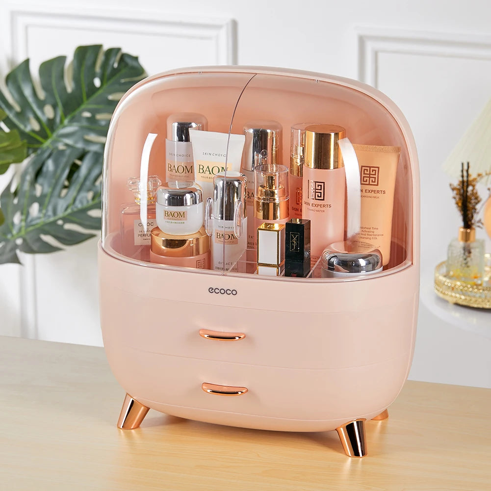 Makeup Storage Drawers,Cosmetic Organisers Acrylic, Skincare Organiser for Dresser & Bathroom, Dust-Proof Waterproof with 2 Drawers (Pink)