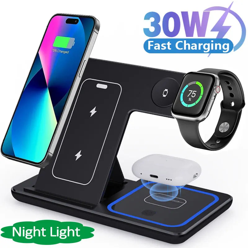 LED Fast Wireless Charger Stand 3 in 1 Foldable Charging Station 30W / For iPhone 15 14 13 12 11 Apple Watch 9 8 7 6 5 Airpods Pro