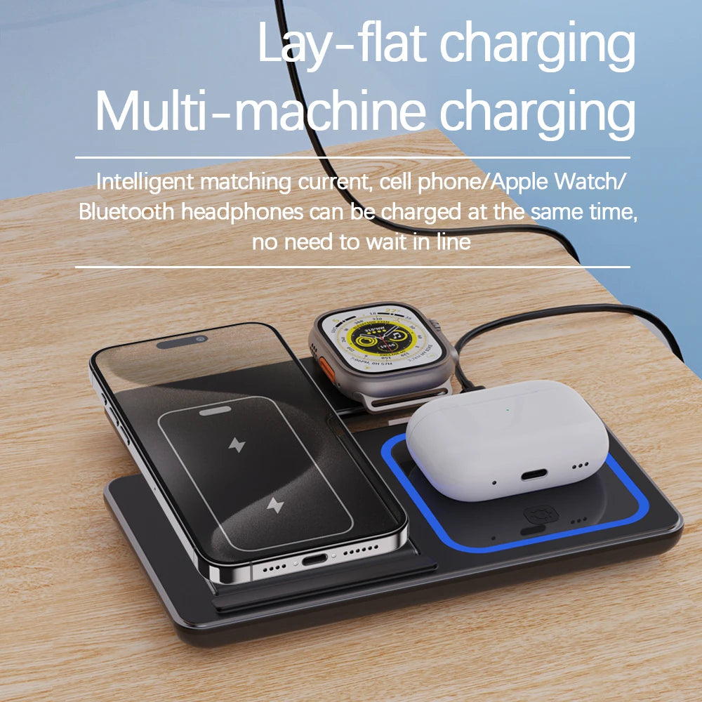 LED Fast Wireless Charger Stand 3 in 1 Foldable Charging Station 30W / For iPhone 15 14 13 12 11 Apple Watch 9 8 7 6 5 Airpods Pro