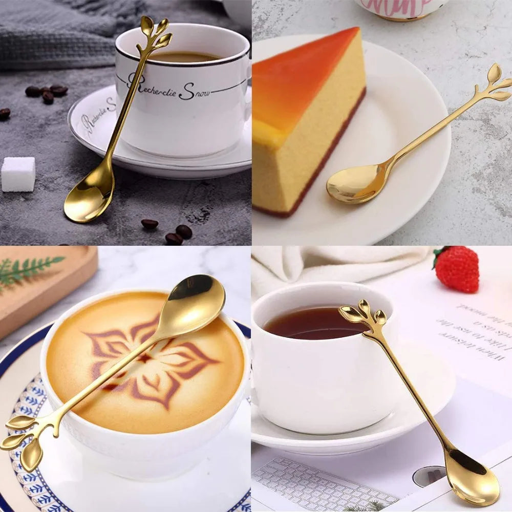 6pcs/Set Long Handle 7.4-Inch Leaf Teaspoons Gold Stainless Steel Coffee stirring spoon Kitchen Tools