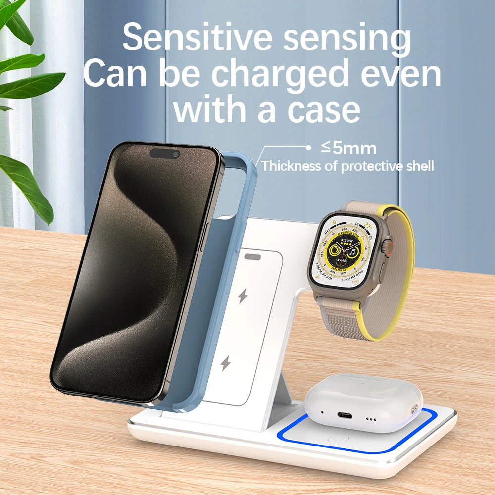 LED Fast Wireless Charger Stand 3 in 1 Foldable Charging Station 30W / For iPhone 15 14 13 12 11 Apple Watch 9 8 7 6 5 Airpods Pro