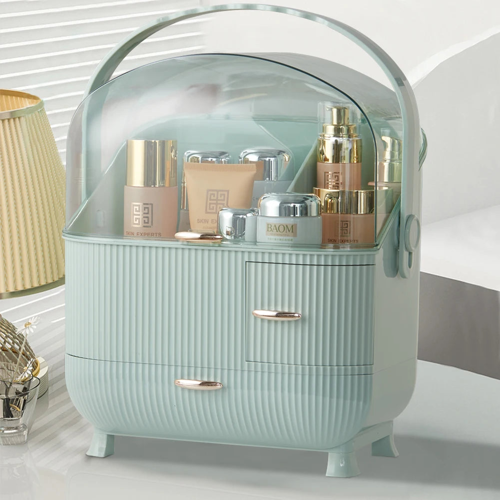 Makeup Storage Organizer,Large Cosmetics Display Case with 2-Layer Storage Box and Transparent Cover, Bedroom Vanity Desk (Mint Green)