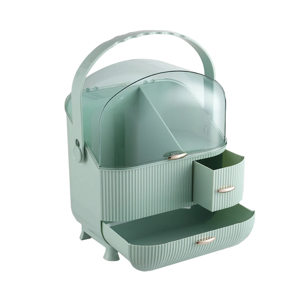 Makeup Storage Organizer,Large Cosmetics Display Case with 2-Layer Storage Box and Transparent Cover, Bedroom Vanity Desk (Mint Green)