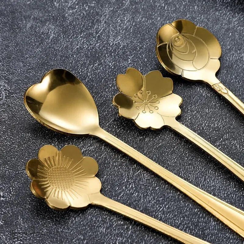 Beautiful flower pattern coffee spoons, coffee bar, special gift set, stainless steel, gold, silver