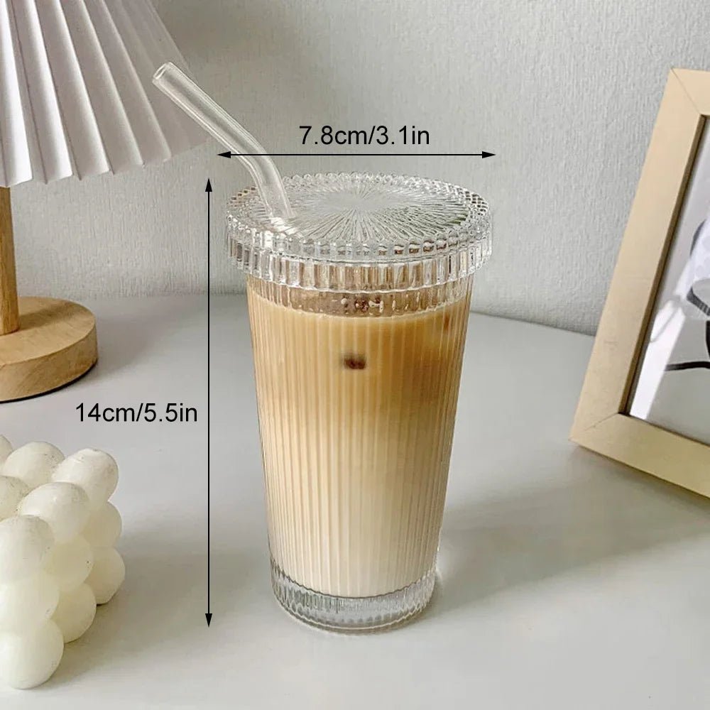 Milk Cup Flower EmbossTransparent Glass Cup with Lid and Straw Transparent Bubble Tea Coffee Drinkware Dessert Cup Dropshipping