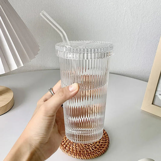 Milk Cup Flower EmbossTransparent Glass Cup with Lid and Straw Transparent Bubble Tea Coffee Drinkware Dessert Cup Dropshipping