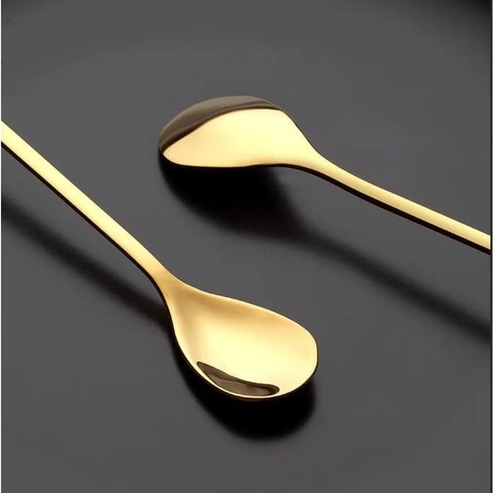 6pcs/Set Long Handle 7.4-Inch Leaf Teaspoons Gold Stainless Steel Coffee stirring spoon Kitchen Tools