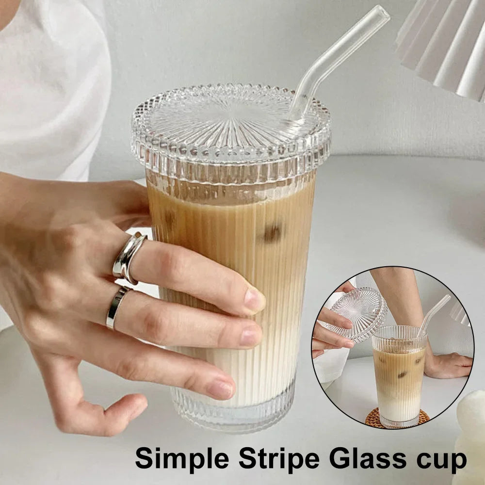 Milk Cup Flower EmbossTransparent Glass Cup with Lid and Straw Transparent Bubble Tea Coffee Drinkware Dessert Cup Dropshipping