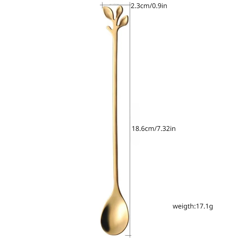 6pcs/Set Long Handle 7.4-Inch Leaf Teaspoons Gold Stainless Steel Coffee stirring spoon Kitchen Tools