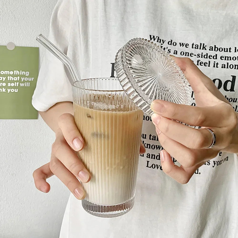 Milk Cup Flower EmbossTransparent Glass Cup with Lid and Straw Transparent Bubble Tea Coffee Drinkware Dessert Cup Dropshipping