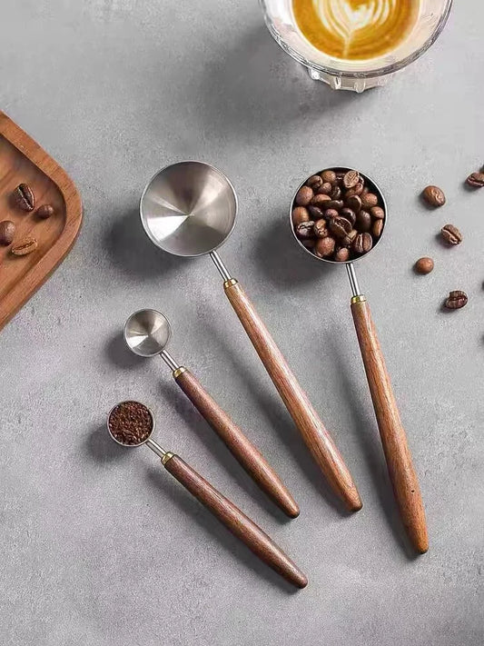 Coffee Scoop Wooden Handle Stainless Steel Tablespoon Measuring Spoon Walnut Wood Long Handle Coffee Spoons Cafe Decoration