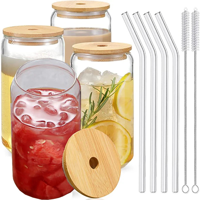 Glass Cup Bamboo Lid Glass Straw Bubble Tea Transparent Cold Drinking Coffee Mug Milk Tea Cup Cleaning Brush Drinkware Durable 4/6pcs 550mls