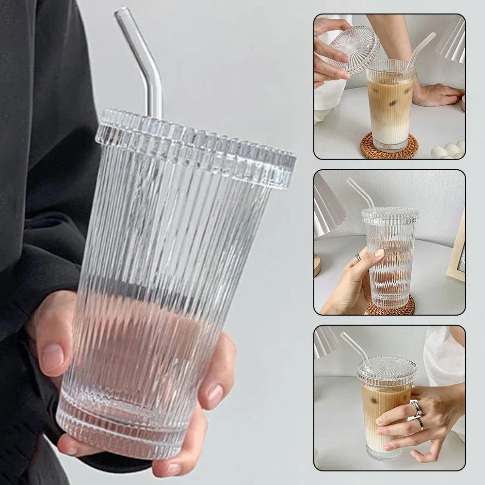 Milk Cup Flower EmbossTransparent Glass Cup with Lid and Straw Transparent Bubble Tea Coffee Drinkware Dessert Cup Dropshipping