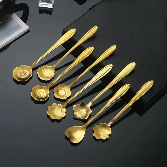 Beautiful flower pattern coffee spoons, coffee bar, special gift set, stainless steel, gold, silver