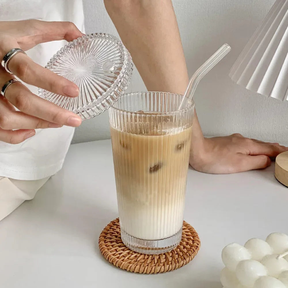 Milk Cup Flower EmbossTransparent Glass Cup with Lid and Straw Transparent Bubble Tea Coffee Drinkware Dessert Cup Dropshipping